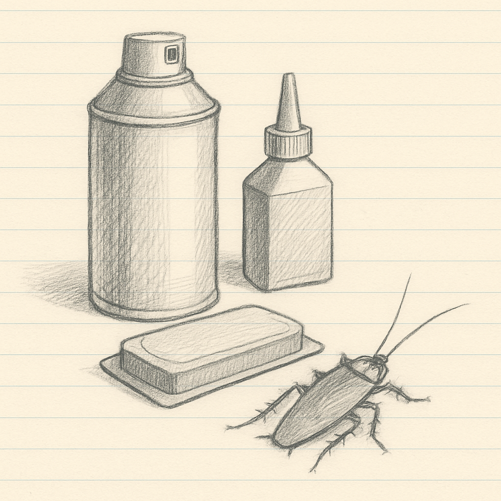 Cockroach killer gel baits and bait stations arranged on a warm cream surface for editorial review