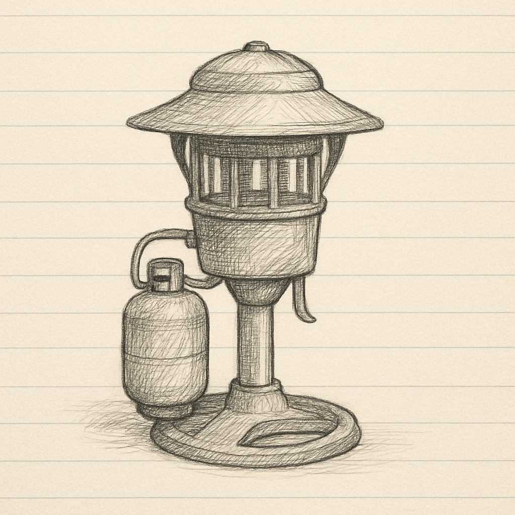 Mosquito trap standing in a residential backyard at dusk, editorial product still-life style